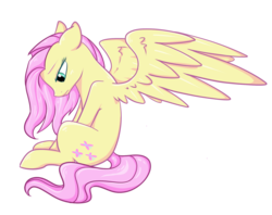 Size: 2132x1692 | Tagged: safe, artist:pinkamenaspy, fluttershy, pegasus, pony, g4, female, floppy ears, looking down, sad, simple background, sitting, solo, spread wings, transparent background