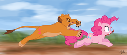 Size: 1864x813 | Tagged: dead source, safe, artist:tc-96, pinkie pie, big cat, earth pony, lion, pony, g4, chase, crossover, duo, female, food chain, hilarious in hindsight, imminent vore, mare, mouth hold, paintbrush, pinkie prey, predator, prey, running, simba, the lion king, this will end in tears and/or death