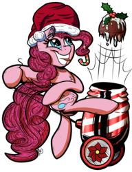 Size: 2654x3457 | Tagged: safe, artist:gray--day, pinkie pie, g4, cake, christmas pudding, female, hat, high res, party cannon, santa hat, solo, tongue out