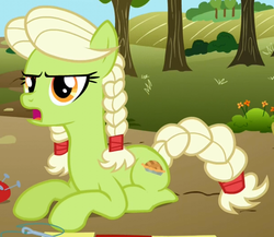 Size: 607x527 | Tagged: safe, screencap, granny smith, earth pony, pony, apple family reunion, g4, braid, braided tail, cropped, female, mare, open mouth, prone, solo, young, young granny smith, younger