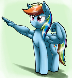 Size: 3301x3559 | Tagged: safe, artist:otakuap, rainbow dash, g4, abomination, arms, female, flexing, high res, muscles, not salmon, solo, wat, what has science done, wing arms