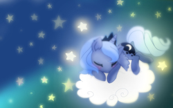 Size: 1440x900 | Tagged: safe, artist:lunaltaria, princess luna, g4, cloud, female, filly, prone, sleeping, solo, stars, woona