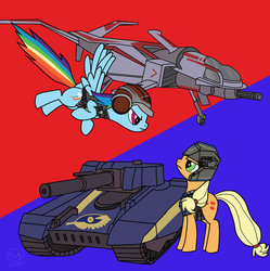 Size: 891x896 | Tagged: safe, artist:spazzymcnugget, applejack, rainbow dash, pony, g4, aircraft, armor, clothes, crossover, fighter plane, helmet, planetside 2, science fiction, tank (vehicle), vector, vehicle, video game