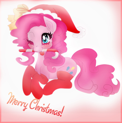 Size: 3068x3094 | Tagged: safe, artist:lunaltaria, pinkie pie, g4, candy cane, clothes, female, hat, high res, mouth hold, prone, santa hat, socks, solo, wink