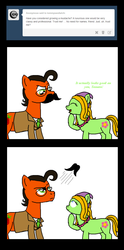 Size: 560x1125 | Tagged: safe, artist:crazynutbob, oc, oc only, oc:flora peace, oc:tomato sandwich, business suit, flying, flying mustache, frankendoodle, moustache, reference, spongebob squarepants, stare, weird, wide eyes