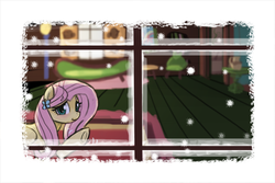 Size: 900x600 | Tagged: dead source, safe, artist:lumineko, fluttershy, pegasus, pony, g4, blushing, female, shy, snow, snowfall, solo, underhoof, waving, window