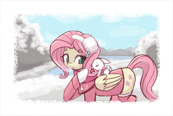 Size: 1080x720 | Tagged: dead source, source needed, safe, artist:lumineko, angel bunny, fluttershy, g4, blushing, breath, clothes, coat, cold, earmuffs, hat, raised hoof, santa hat, sleeping, smiling, snow, winter