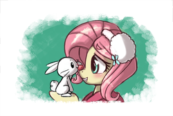 Size: 648x432 | Tagged: safe, artist:lumineko, angel bunny, fluttershy, g4, blushing, earmuffs, food, smiling, strawberry