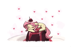 Size: 648x432 | Tagged: safe, artist:lumineko, fluttershy, g4, cherry, eyes closed, female, food, heart, micro, sleeping, solo