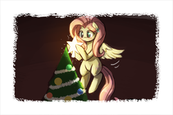 Size: 1134x756 | Tagged: safe, artist:lumineko, fluttershy, g4, blushing, christmas tree, female, flying, smiling, solo, stars, tree