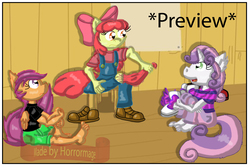 Size: 3483x2333 | Tagged: safe, artist:horrormage, apple bloom, scootaloo, sweetie belle, earth pony, anthro, plantigrade anthro, g4, clothes, comic preview, cutie mark crusaders, feet, high res, shoes, socks, toes