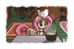 Size: 1134x756 | Tagged: dead source, source needed, safe, artist:lumineko, fluttershy, bat, chicken, mouse, g4, blushing, cooking, food, smiling, soup, stove