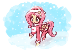 Size: 1134x756 | Tagged: dead source, safe, artist:lumineko, fluttershy, pegasus, pony, g4, bag, clothes, coat, female, hat, mouth hold, raised hoof, santa hat, snow, snowfall, solo, stockings, winter