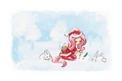 Size: 680x454 | Tagged: dead source, safe, artist:lumineko, fluttershy, pegasus, pony, rabbit, g4, clothes, eyes closed, hat, santa costume, santa hat, smiling, snow, snowfall