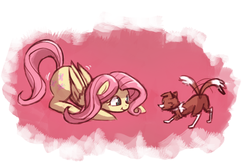 Size: 1134x756 | Tagged: dead source, source needed, safe, artist:lumineko, fluttershy, winona, dog, pegasus, pony, g4, behaving like a dog, crouching, cute, female, flutterdog, mare, playing, smiling, tail wag