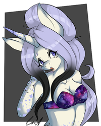 Size: 533x666 | Tagged: safe, artist:lunathyst, oc, oc only, oc:galaxies, unicorn, anthro, anthro oc, bra, clothes, commission, female, solo, underwear