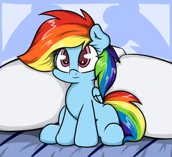 Size: 1800x1647 | Tagged: safe, artist:graphene, rainbow dash, pony, g4, bed, cute, dashabetes, female, pillow, solo