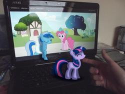Size: 4288x3216 | Tagged: safe, artist:bastbrushie, minuette, pinkie pie, twilight sparkle, earth pony, human, pony, unicorn, g4, computer, eyes closed, female, fourth wall, hand, irl, irl human, laptop computer, mare, micro, offscreen character, photo, ponies in real life, pov, tree, unicorn twilight