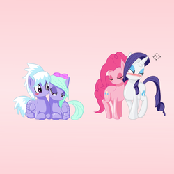 Size: 1000x1000 | Tagged: source needed, safe, artist:aggai, cloudchaser, flitter, pinkie pie, rarity, g4, bedroom eyes, female, incest, lesbian, ship:pegacest, ship:raripie, shipping