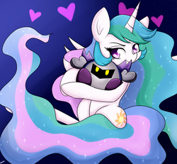 Size: 1470x1358 | Tagged: safe, artist:riouku, princess celestia, pony, g4, alternate hairstyle, celestiknight, crack shipping, crossover, cute, cutelestia, female, heart, mare, meta knight, metalestia, shipping, snuggling