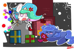 Size: 3000x2000 | Tagged: safe, artist:aerolp, princess celestia, princess luna, g4, chibi, christmas, high res, magic, present