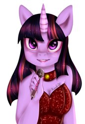 Size: 821x1200 | Tagged: safe, artist:yukomaussi, twilight sparkle, anthro, g4, clothes, female, microphone, nail polish, solo