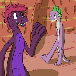 Size: 1280x1280 | Tagged: safe, artist:fuzebox, spike, oc, dragon, anthro, plantigrade anthro, g4, male, older, older spike, sleepy, spike's journey, story included, teenage spike, teenaged dragon, teenager, tumblr