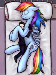 Size: 920x1227 | Tagged: safe, artist:causticeichor, rainbow dash, human, g4, bed, black butler, crossover, cuddling, cute, eyes closed, floppy ears, glasses, hug, on side, size difference, sleeping, smiling, snuggling, william t spears