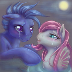 Size: 1024x1024 | Tagged: safe, artist:kiss-the-thunder, baby lucky, ripple (g1), sea pony, g1, crying, moon, puppy love, sad, shipping