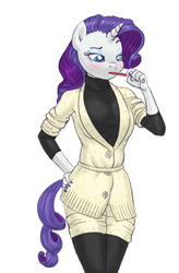 Size: 689x1050 | Tagged: safe, artist:carnifex, rarity, anthro, g4, breasts, busty rarity, clothes, female, hand on hip, mouth hold, nail polish, pencil, solo, style emulation, sweater, thigh highs