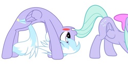 Size: 755x378 | Tagged: safe, cloudchaser, flitter, pegasus, pony, g4, backbend, blushing, bridge stretch, butt, eyes on the prize, female, flexible, looking at butt, mare, plot, simple background, white background