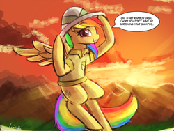 Size: 960x720 | Tagged: safe, artist:lumineko, daring do, rainbow dash, g4, 30 minute art challenge, alternate hair color, alternate hairstyle, clothes, costume, female, flying, solo