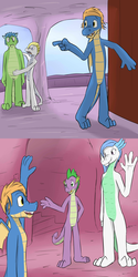 Size: 1280x2560 | Tagged: safe, artist:fuzebox, spike, oc, oc:barius, oc:kitoith, oc:sharp, oc:snort, dragon, anthro, plantigrade anthro, g4, cave, comic, male, pointing, spike's journey, story included, tumblr, waving