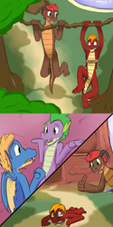 Size: 1280x2560 | Tagged: safe, artist:fuzebox, spike, oc, oc:magma, oc:mangle, oc:sharp, dragon, anthro, plantigrade anthro, g4, comic, exercise, male, no pain no gain, older, older spike, pullup, shrug, spike's journey, story included, sweat, teenage spike, teenaged dragon, thumbs up, training, tree branch, tumblr