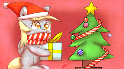 Size: 2560x1440 | Tagged: safe, artist:wolfy-pony, derpy hooves, pegasus, pony, g4, christmas tree, clothes, female, hat, mare, present, santa hat, scarf, solo, tree