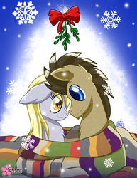 Size: 1000x1294 | Tagged: safe, artist:clouddg, derpy hooves, doctor whooves, time turner, pegasus, pony, g4, clothes, duo, female, male, mare, mistletoe, scarf, shared clothing, shared scarf, ship:doctorderpy, shipping, snow, snowflake, straight