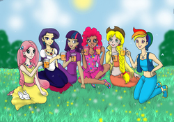 Size: 1600x1121 | Tagged: safe, artist:tielgar, angel bunny, applejack, fluttershy, pinkie pie, rainbow dash, rarity, twilight sparkle, human, g4, belly button, dark skin, humanized, light skin, mane six, midriff