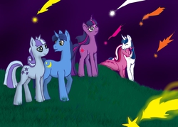 Size: 1280x914 | Tagged: safe, artist:tielgar, night light, princess cadance, shining armor, twilight sparkle, twilight velvet, g4, family, meteor shower, night