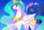 Size: 1000x673 | Tagged: safe, artist:kkitsu, princess celestia, princess luna, g4, looking back, messy mane, raised hoof, smiling, spread wings