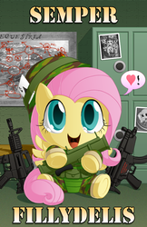 Size: 1100x1700 | Tagged: safe, artist:berrypawnch, fluttershy, g4, ar-15, berrypawnch is trying to murder us, chibi, clothes, cute, female, filly, gun, m4a1, m72 law, map, map of equestria, marines, mp5, no nose, rocket launcher, semper fi, shyabetes, solo, submachinegun, this will end in tears, uniform, weapon