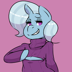 Size: 900x900 | Tagged: safe, artist:poweradepriest, trixie, semi-anthro, g4, clothes, female, keyhole turtleneck, open-chest sweater, solo, sweater, turtleneck