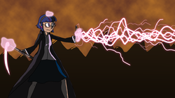 Size: 1920x1080 | Tagged: safe, artist:sigmatheartist, twilight sparkle, human, g4, clothes, coat, dark skin, glasses, humanized, lightning, magic, moderate dark skin, receptorverse, short hair, solo, staff