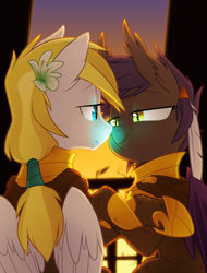 Size: 1600x2100 | Tagged: safe, artist:equestria-prevails, oc, oc only, oc:cloud skipper, oc:midnight blossom, bat pony, pony, armor, bedroom eyes, boop, cloudblossom, female, flower, flower in hair, glowing, guardsmare, love, magic, male, mare, noseboop, royal guard, shipping, smiling, straight