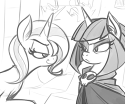 Size: 600x500 | Tagged: source needed, safe, artist:reiduran, trixie, oc, oc:necropone, pony, unicorn, g4, female, mare, monochrome, sketch