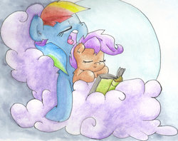 Size: 1024x812 | Tagged: safe, artist:atryl edits, artist:ghastlytastic, edit, rainbow dash, scootaloo, g4, book, cloud, scootalove, sleeping, traditional art, watercolor painting