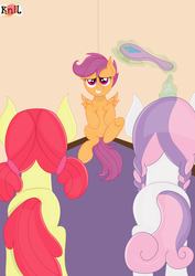 Size: 2204x3119 | Tagged: dead source, safe, artist:knil, artist:the-crusader-network, apple bloom, scootaloo, sweetie belle, g4, alternate hairstyle, braid, brush, corner, cornered, cutie mark crusaders, doomed, high res, magic, missing accessory, pigtails