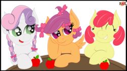 Size: 3920x2204 | Tagged: dead source, safe, artist:knil, artist:the-crusader-network, apple bloom, scootaloo, sweetie belle, g4, alternate hairstyle, apple, bow, braid, cutie mark crusaders, high res, missing accessory, pigtails