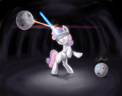 Size: 2043x1613 | Tagged: safe, artist:hunternif, sweetie belle, g4, blindfold, female, hornsaber, laser, lightsaber, magic, remote, scene parody, solo, star wars, sweetie belle's magic brings a great big smile