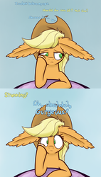 Size: 1250x2200 | Tagged: safe, artist:heir-of-rick, applejack, surprise, daily apple pony, g4, ear fluff, female, floppy ears, frown, gossip, impossibly large ears, solo, unexpected, wide eyes