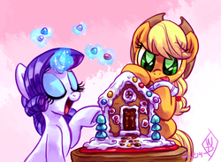 Size: 1190x875 | Tagged: safe, artist:whitediamonds, applejack, rarity, earth pony, pony, unicorn, rarijack daily, g4, hearth's warming eve (episode), season 2, applejack's hat, cowboy hat, duo, duo female, eyes closed, female, freckles, gingerbread (food), gingerbread house, hat, lesbian, levitation, magic, mare, open mouth, ship:rarijack, shipping, telekinesis, tongue out, underhoof